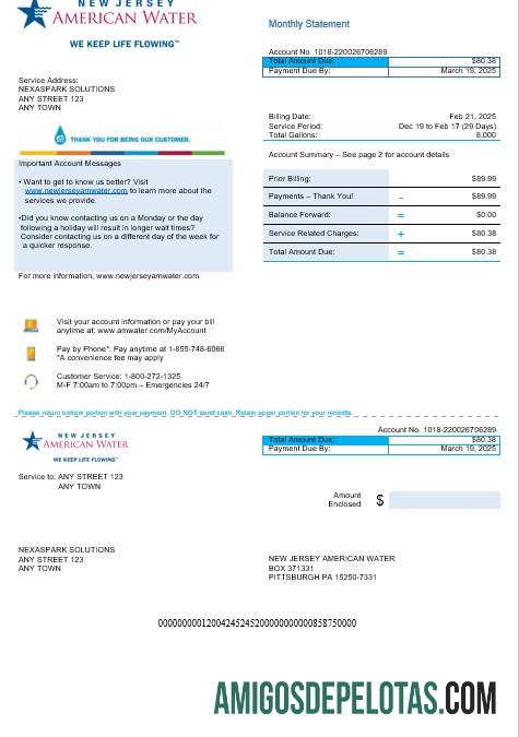 Em branco modelo de projeto de lei de serviços públicos de água americana, Nova Jersey, EUA, Nova Jersey